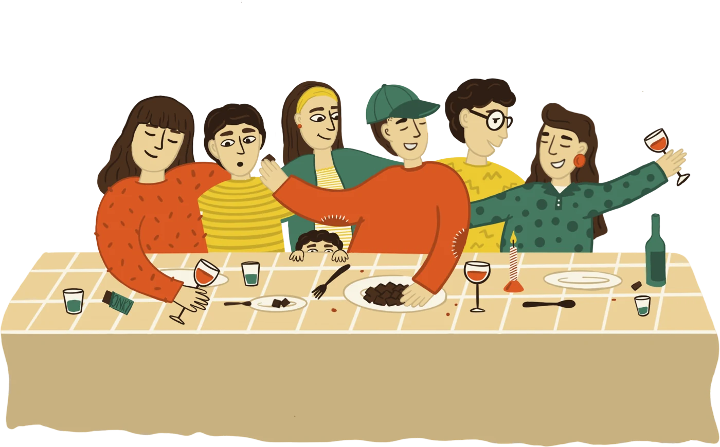 Ilustración: grupo de amigos abrazados en una mesa larga, brindando